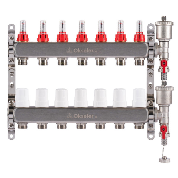 Коллекторная группа 7 отводов 1"*3/4"(18) ЕК с расходомерами Okseler (нерж.ст) с автоматическим воздухоотводчиком и спускным краном (Oks00345)