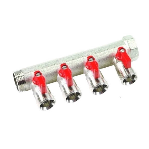 Коллектор 4 отв. с шаровыми кранами 3/4"х3/4"НР под евроконус, Henco красные ручки (VB050504-ROOD)