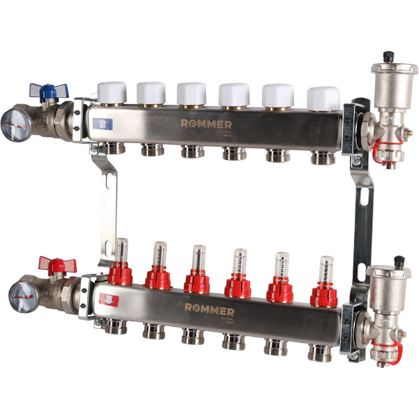 Коллекторная группа Rommer 6 отводов 1"x3/4" в сборе с расходомерами (нерж.сталь) (RMS-1210-000006)