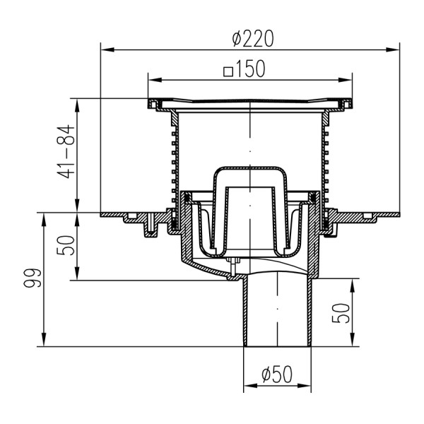 Трап MCH с нижним сливом универсальный DN50 решетка нерж. 150х150 (г/з+с/з) c фланцем Трап MCH с нижним сливом универсальный DN50 решетка нерж. 150х150 (г/з+с/з) c фланцем
