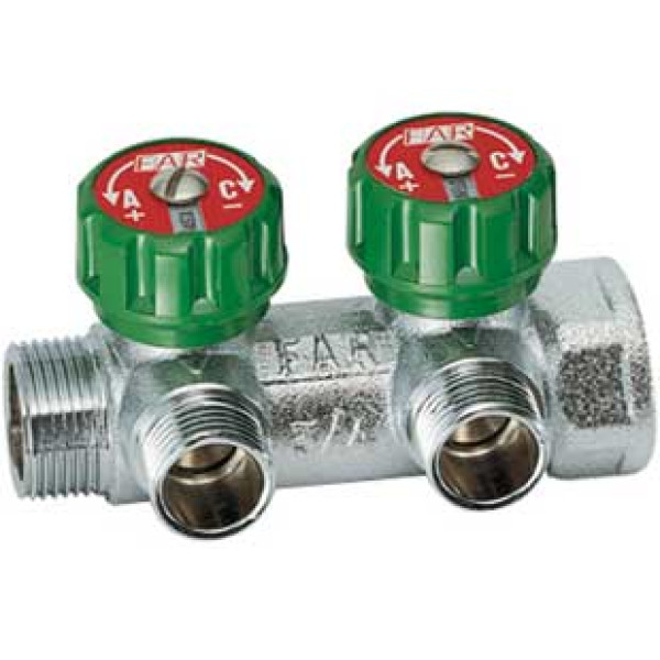 Коллектор проходной регулируемый FAR Multifar (3821 112) 1" НР-ВР, 2 отвода 1/2" евроконус Коллектор проходной регулируемый FAR Multifar (3821 112) 1" НР-ВР, 2 отвода 1/2" евроконус