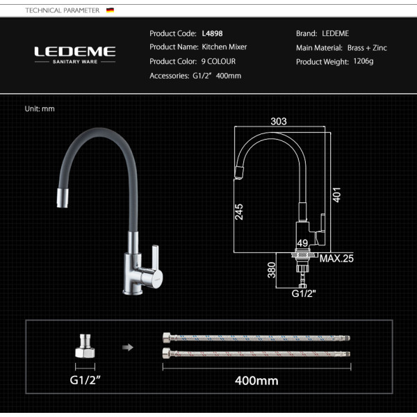 Смеситель для кухни Ledeme с гибким изливом (L4898-9)