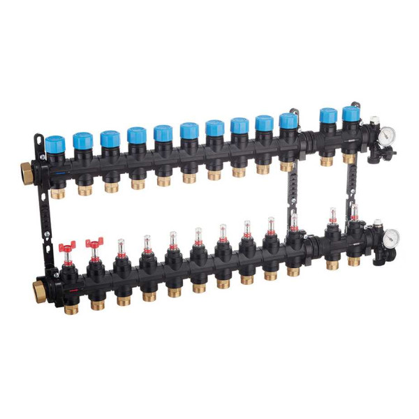 Коллекторная группа 12 отводов 1" с расходомерами и термометрами Henco (композит) (UFH-0605MDK12-03L)