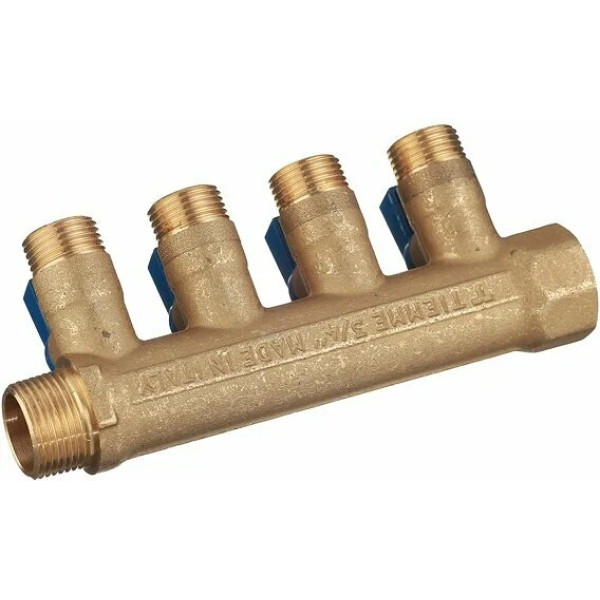 Коллектор с шаровыми кранами Tiemme 4 отвода 3/4x1/2"(16) (латунь) синие ручки (1820039)