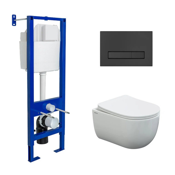 Комплект инсталляция с унитазом Berges Atom10 c с кнопкой черная SoftTouch, унитаз VENTAS, сидение дюр. Ventas Slim SO (043306)