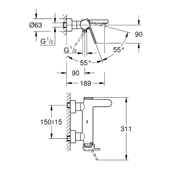 Смеситель для ванны и душа Grohe Plus хром (33553003)