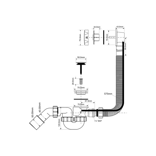 Обвязка для ванны McAlpine 1 1/2"x70 мм с автопереливом L575 D34мм с пробкой, выход 40/50 мм, хром (MRB2C-PB) Обвязка для ванны McAlpine 1 1/2"x70 мм с автопереливом L575 D34мм с пробкой, выход 40/50 мм, хром (MRB2C-PB)