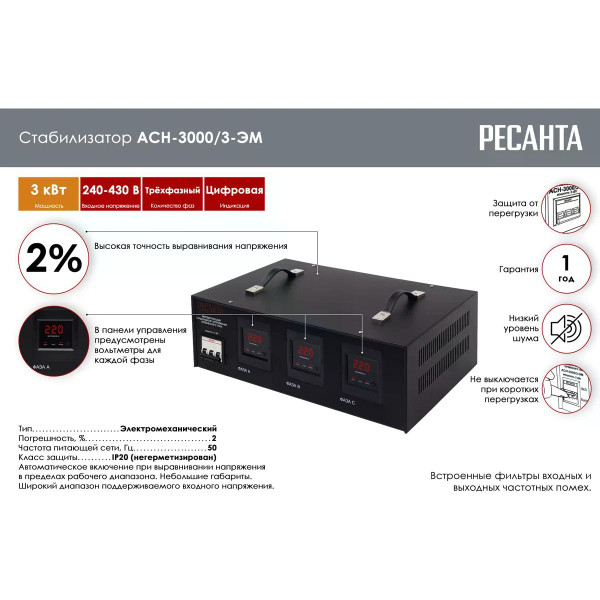 Стабилизатор напряжения трехфазный Ресанта АСН-3000/3 (63/4/1)
