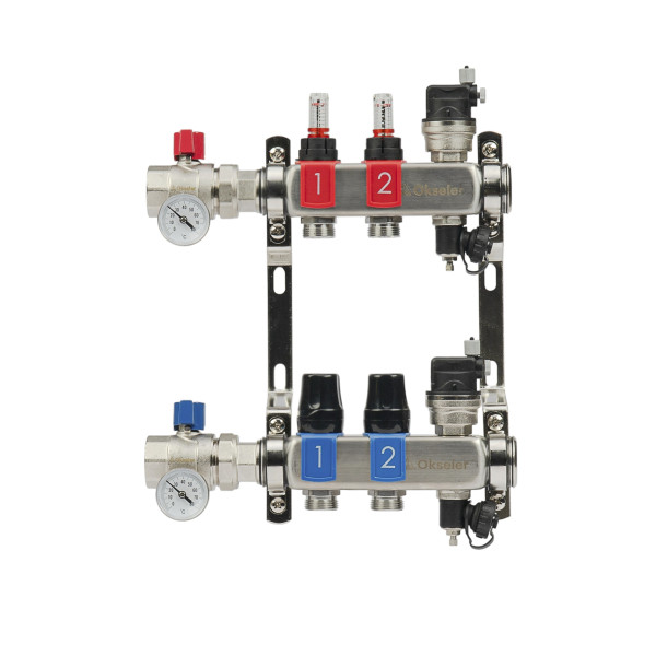Коллекторная группа 2 отвода 1"*3/4"(18) ЕК с расходомерами Okseler (нерж.ст) с автоматическими воздухоотводчикоми и шаровыми кранами с термометрами (