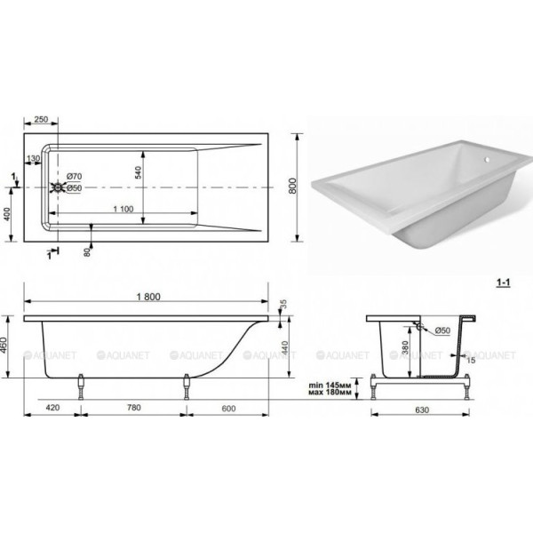 Ванна из искусственного камня Aquanet Bright Stone 180х80 белая (332885)