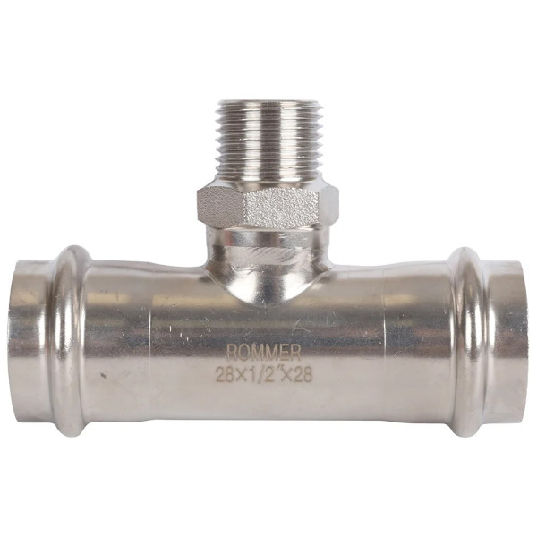 Тройник переходной 28х1/2"Нх28 Rommer из нержавеющей стали (пресс) (RSS-0016-002812) Тройник переходной 28х1/2"Нх28 Rommer из нержавеющей стали (пресс) (RSS-0016-002812)