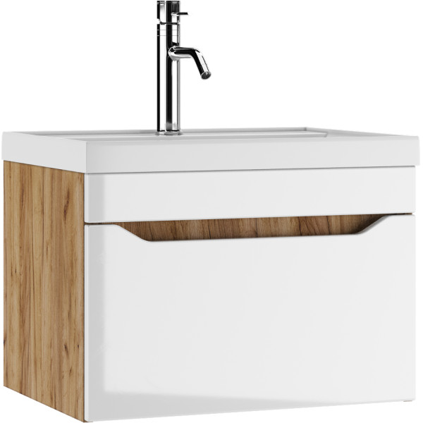 Тумба подвесная под умывальник Bazis 60 Ева с одним ящиком В1 Дуб Вотан Айсберг Домино (DA5906T)