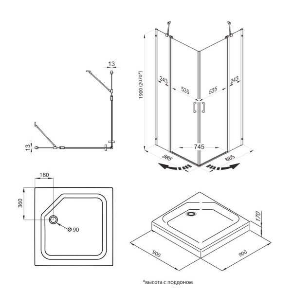 Душевое ограждение Triton Тау 90x90 стекло прозрачное, профиль черный (DK285)