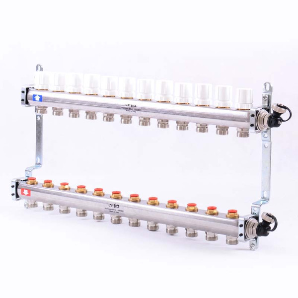 Коллекторная группа Uni-Fitt 12 отводов 1"х3/4" с балансировочными и термостатическими вентилями нерж. сталь