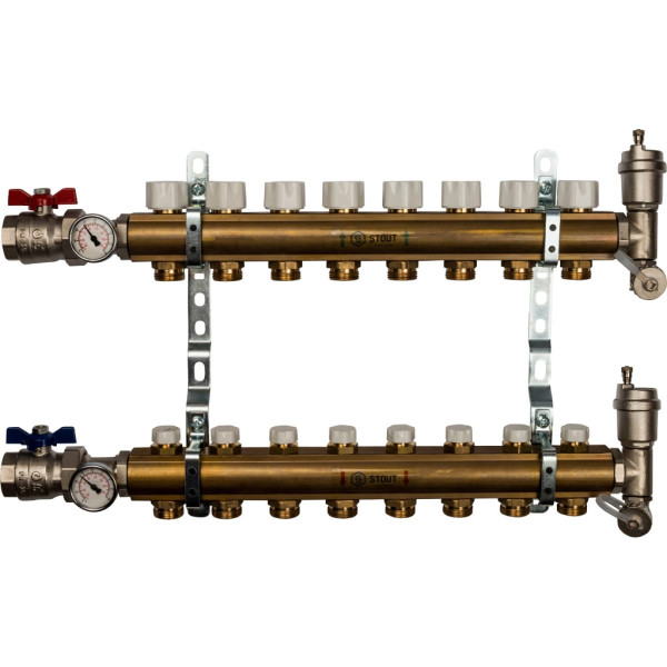 Коллекторная группа 8 отводов 1"x3/4"(18)EK в сборе без расходомеров Stout (латунь) (SMB-0468-000008)