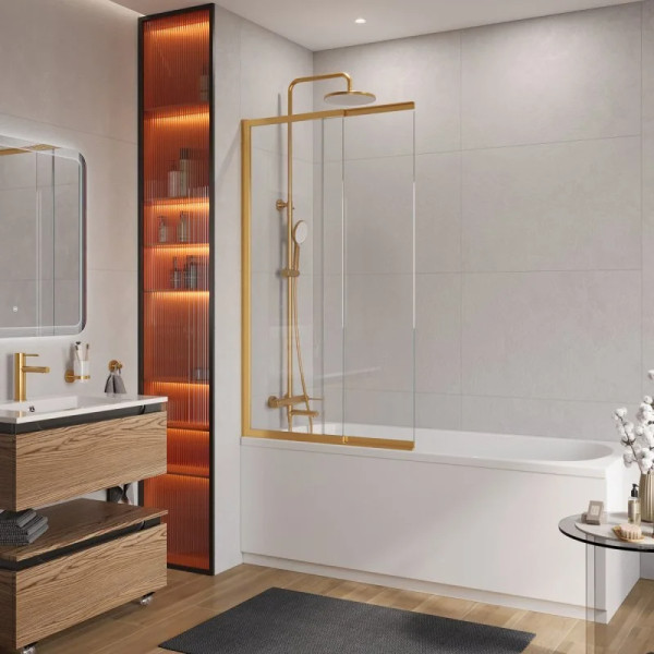 Душевая шторка для ванны Cezares Slider 90x7x150 стекло прозрачное, профиль брашированное золото (SLIDER-FIX-VF-11-90/150-C-BORO)