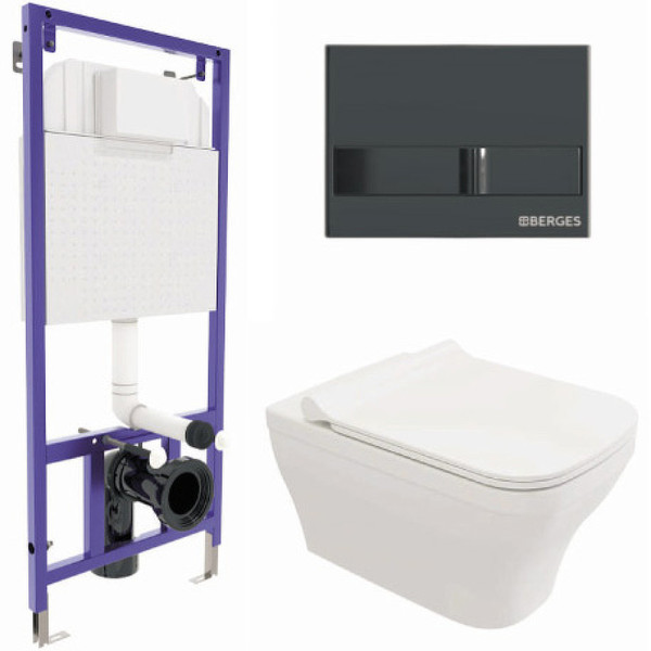Комплект инсталляция с унитазом Berges Novum c с кнопкой L6 черный глянец, унитаз Strati Rimless, сидение Strati Slim SO (042454)