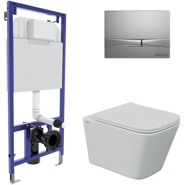 Комплект инсталляция с унитазом Berges Novum525 c с кнопкой F2 матовый хром, унитаз FLOE S Rimless, сиденье Floe S Slim SO (043248) Комплект инсталляция с унитазом Berges Novum525 c с кнопкой F2 матовый хром, унитаз FLOE S Rimless, сиденье Floe S Slim SO (043248)
