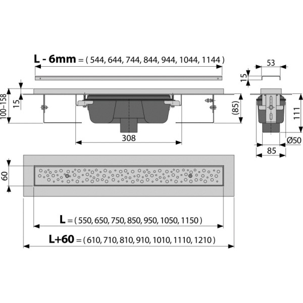Лоток душевой AlcaPlast Alcadrain Antivandal с решеткой, вертикальный сток (APZ1011-550M)