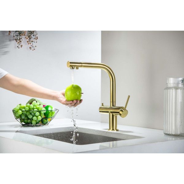 Смеситель для кухни Aquatek Европа с подключением к фильтру питьевой воды, шлифованное золото (AQ1385BG)