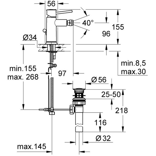 Смеситель для биде Grohe BauClassic с донным клапаном (32864000)