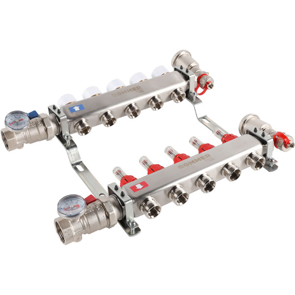 Коллекторная группа Rommer 5 отводов 1"x3/4" в сборе с расходомерами (нерж.сталь) (RMS-1210-000005)