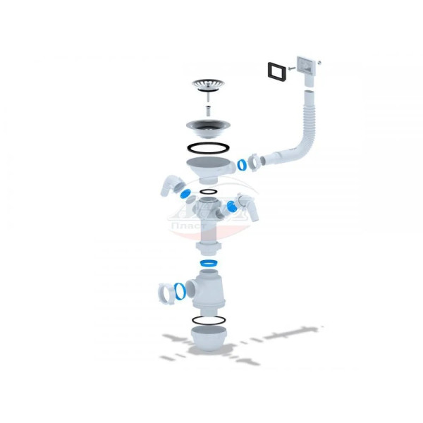 Сифон 40 мм. бутылочный АНИ "Грот" с выпуском 3 1/2"*115 мм. с 2-мя отводами для стир.машины и гибким прямоугольным переливом АНИ пласт (A0146S)