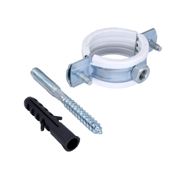 Хомут сантехнический 1 1/4" (39-46 мм) оцинкованная сталь со шпилькой и дюбелем М8 (белый) ПЗМ ХБ02-042 Хомут сантехнический 1 1/4" (39-46 мм) оцинкованная сталь со шпилькой и дюбелем М8 (белый) ПЗМ ХБ02-042