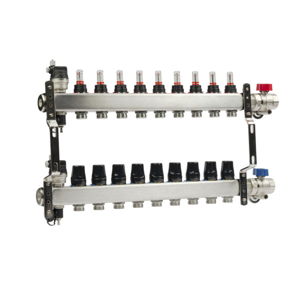 Коллекторная группа 9 отводов 1"*3/4"(18) ЕК с расходомерами Okseler (нерж.ст) с автоматическими воздухоотводчикоми и шаровыми кранами с термометрами Коллекторная группа 9 отводов 1"*3/4"(18) ЕК с расходомерами Okseler (нерж.ст) с автоматическими воздухоотводчикоми и шаровыми кранами с термометрами