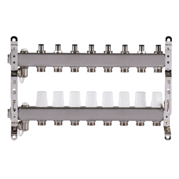 Коллекторная группа 8 отводов 1"*3/4"(18) ЕК с регулировочными клапанами Okseler (нерж.ст) с дренажным краном и краном Маевского (Oks00307)