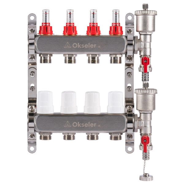 Коллекторная группа 4 отвода 1"*3/4"(18) ЕК с расходомерами Okseler (нерж.ст) с автоматическим воздухоотводчиком и спускным краном (Oks00342)
