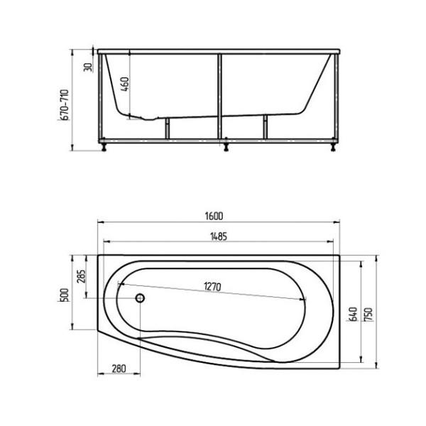 Ванна акриловая Акватек Пандора 160х75 R на каркасе, с фронтальным экраном, слив-перелив