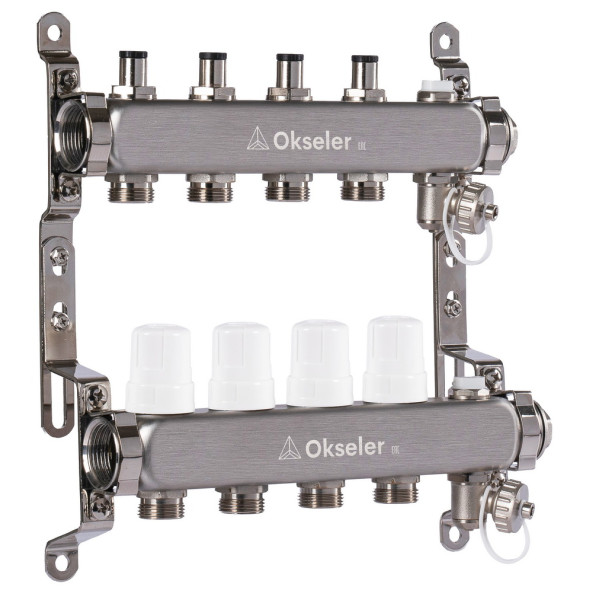 Коллекторная группа 4 отвода 1"*3/4"(18) ЕК с регулировочными клапанами Okseler (нерж.ст) с дренажным краном и краном Маевского (Oks00303)