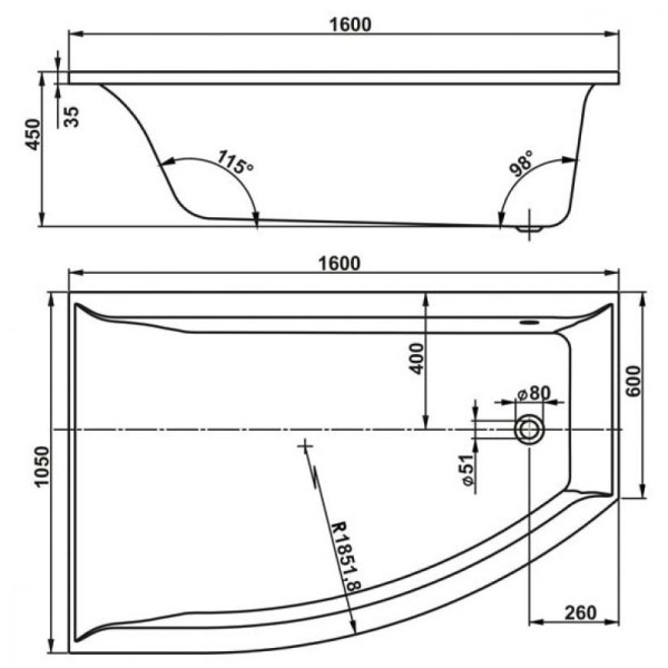 Ванна акриловая VagnerPlast Veronela OFFSET 160 R 160х105х45 (VPBA160VEA3RX-01)