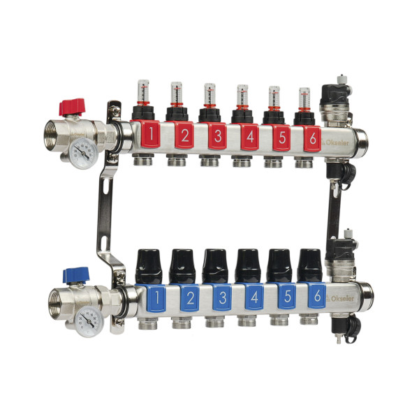 Коллекторная группа 6 отводов 1"*3/4"(18) ЕК с расходомерами Okseler (нерж.ст) с автоматическими воздухоотводчикоми и шаровыми кранами с термометрами