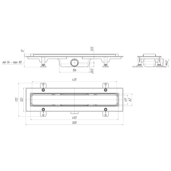 Лоток душевой 450 мм. АНИ СУХОЙ "Штиль" (реш. нерж ст. мат., боковой слив D40, сухой затвор) АНИ пласт (TLQ1145M)
