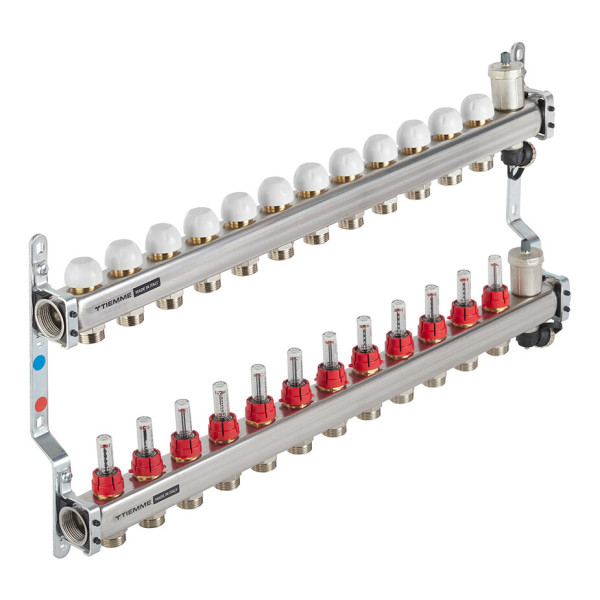 Коллекторная группа Tiemme 12 отводов 1"-3/4" НР ЕК M30х1,5 мм. с расходомерами (нерж.ст) (3920138)