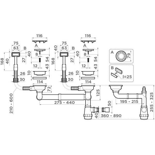 Сифон для двухчашевых моек Omoikiri с прямоугольными переливами, декоративными решетками и декоративными накладками WK-2C-GB графит (4956759)