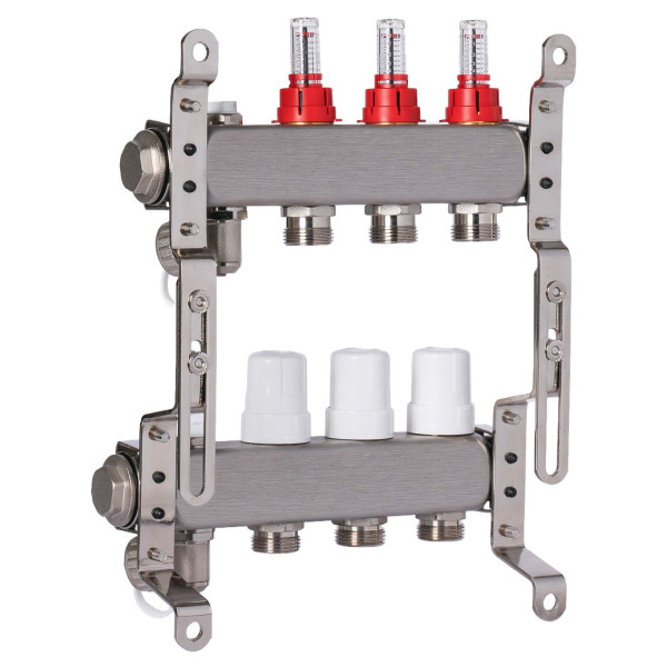 Коллекторная группа 3 отвода 1"*3/4"(18) ЕК с расходомерами Okseler (нерж.ст) с дренажным краном и краном Маевского (Oks00313)