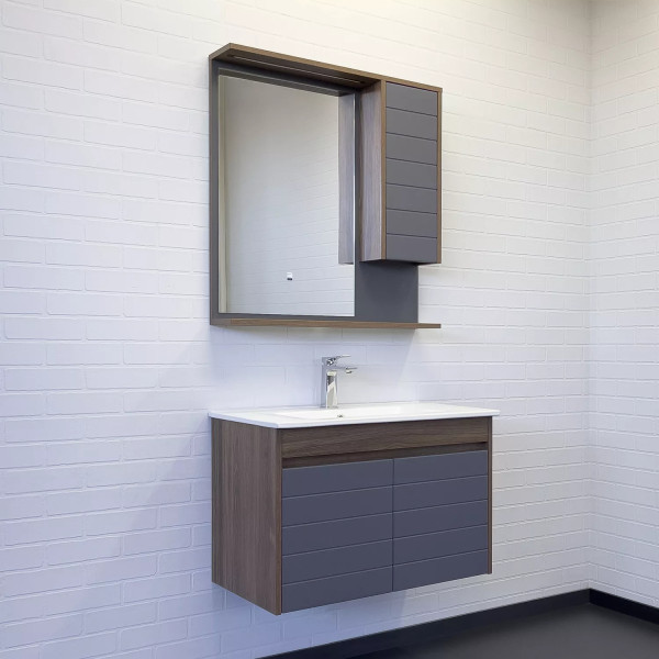 Шкаф зеркальный Comforty Кемер 750x160x800 с подсветкой дуб темно-коричневый (00-00014147)