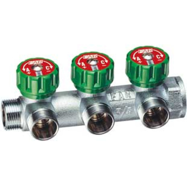 Коллектор проходной регулируемый FAR Multifar (3850 34) 3/4" НР-ВР, 3 отвода М24х19 Коллектор проходной регулируемый FAR Multifar (3850 34) 3/4" НР-ВР, 3 отвода М24х19