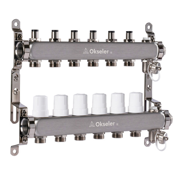 Коллекторная группа 6 отводов 1"*3/4"(18) ЕК с регулировочными клапанами Okseler (нерж.ст) с дренажным краном и краном Маевского (Oks00305)