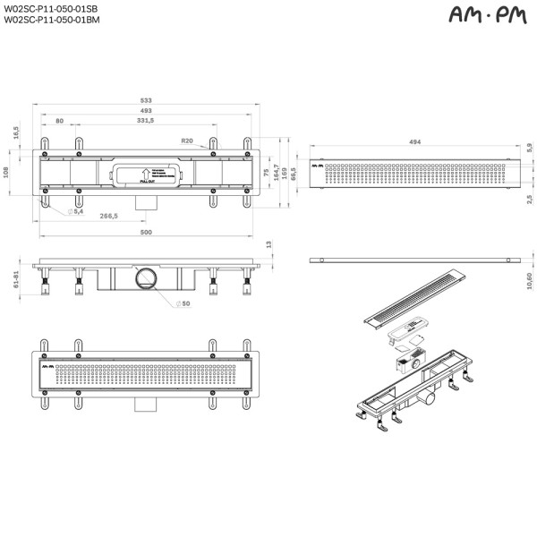 Душевой лоток AM.PM PrimeFlow линейный универс затвор Cut Gradient 50 см черн мат (W02SC-P11-050-01BM)