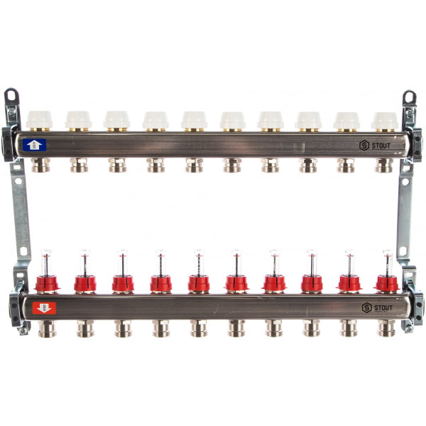 Коллекторная группа 10 отводов 1"x3/4"(18)EK с расходомерами Stout (нерж.сталь) (SMS-0917-000010)