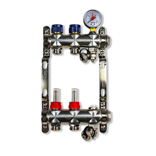 Коллекторная группа 2 отвода 1"*3/4"(евроконус) Geschaften с расходомерами (нерж.сталь) (GS1185-2)