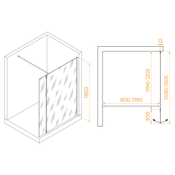 Душевая перегородка RGW WA-051B (WA-010B + Z-071B) 1200 стекло прозрачное, профиль черный (351005123-14)