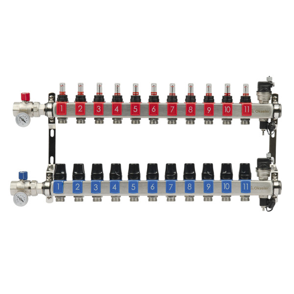 Коллекторная группа 11 отводов 1"*3/4"(18) ЕК с расходомерами Okseler (нерж.ст) с автоматическими воздухоотводчикоми и шаровыми кранами с термометрами