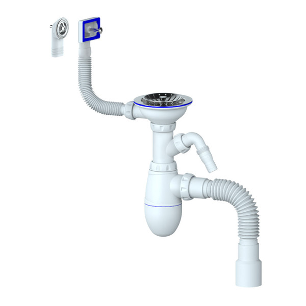 Сифон для мойки с выпуском 3 1/2"x40 с прямоугольным и круглым переливом и гибким отводом 40x40/50 Unicorn В427 Сифон для мойки с выпуском 3 1/2"x40 с прямоугольным и круглым переливом и гибким отводом 40x40/50 Unicorn В427