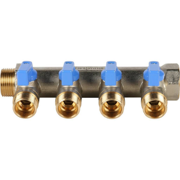 Коллектор 4 отвода с шаровыми клапанами 3/4"x1/2"(16) Stout (латунь, синие ручки) (SMB-6201-341204) Коллектор 4 отвода с шаровыми клапанами 3/4"x1/2"(16) Stout (латунь, синие ручки) (SMB-6201-341204)