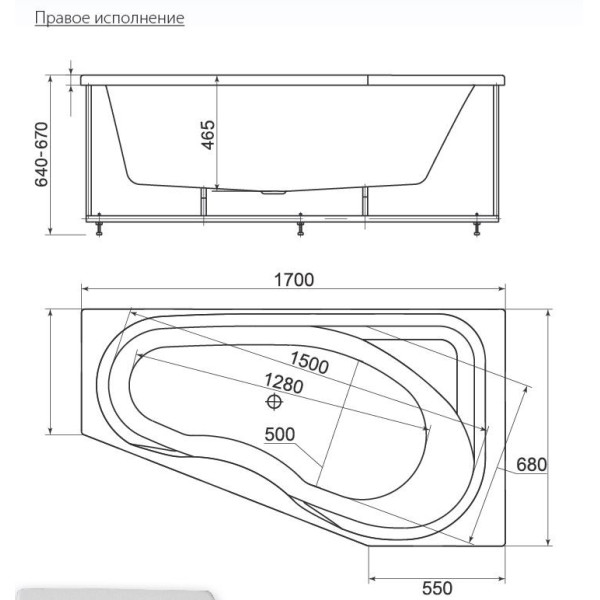 Ванна акриловая Акватек Медея 170х95 R на каркасе, с фронтальным экраном, слив-перелив